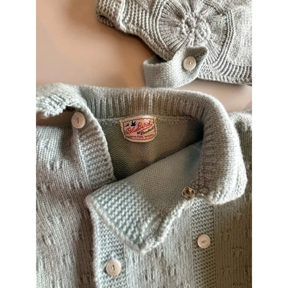 6m Blue Bird Flowers Lamb Baby Girl Vintage Cradle 4 Piece Wool Outfit